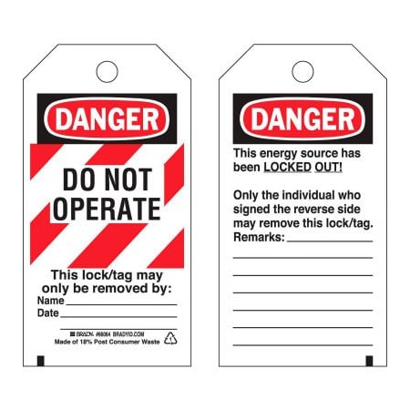 Brady Brady 65525 Lockout Tag- Danger Do Not Operate, Heavy Duty Polyester, 25/Pack 65525